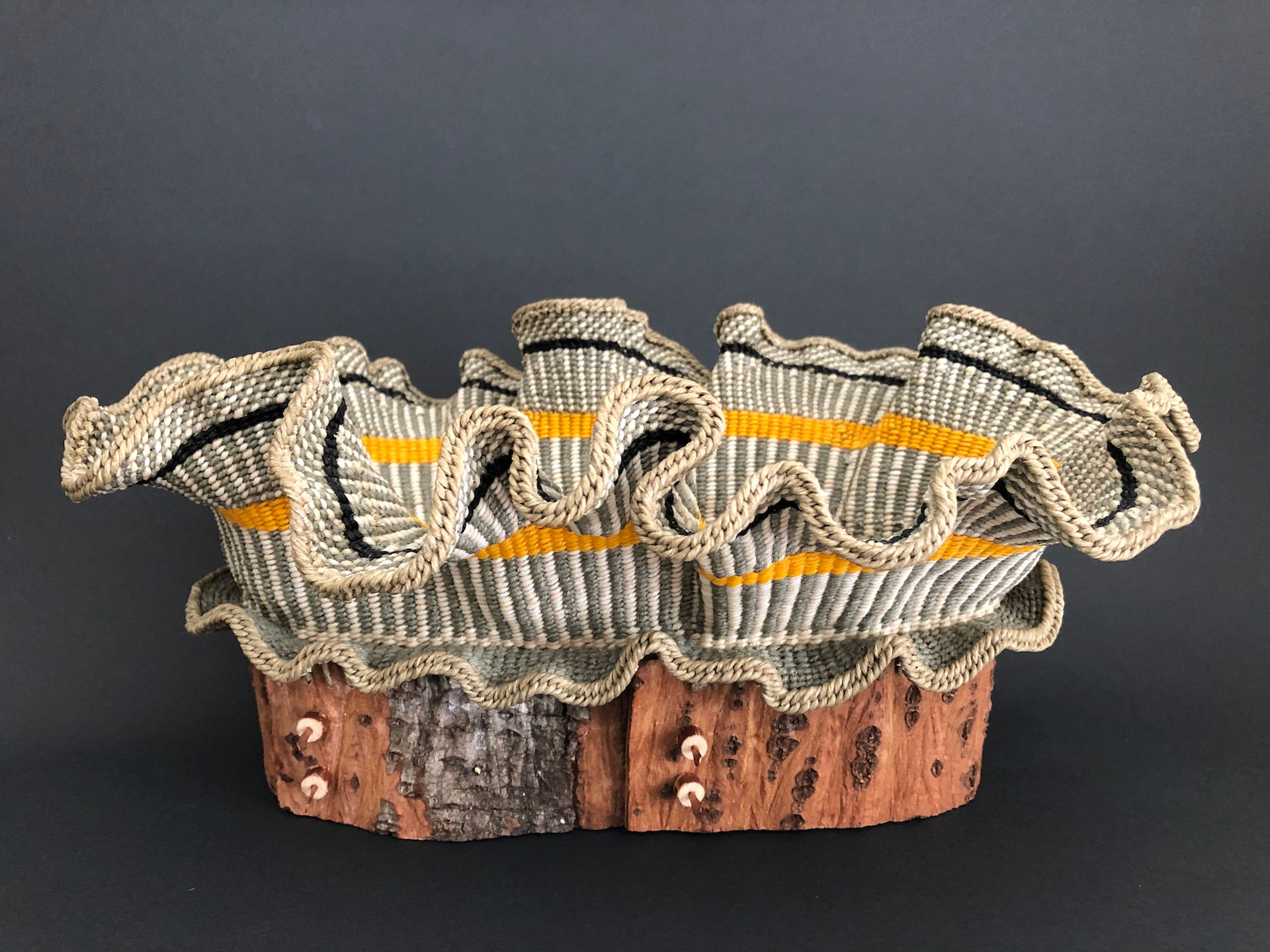 Waxed linen, maple bark and wood, hand forged copper pins w/patina