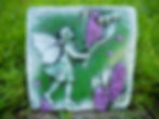Green & Purple flower fairy garden plaque. Fairy garden ornament is square & made of stone. A magical gift for fairy lovers.