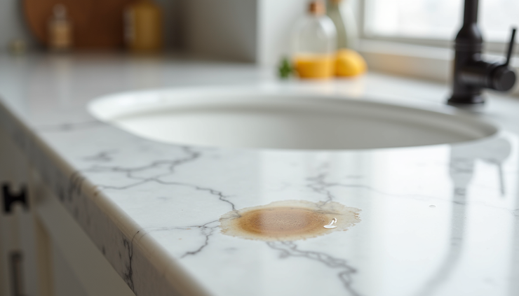 Eye-level view of a polished marble countertop with a subtle stain being treated