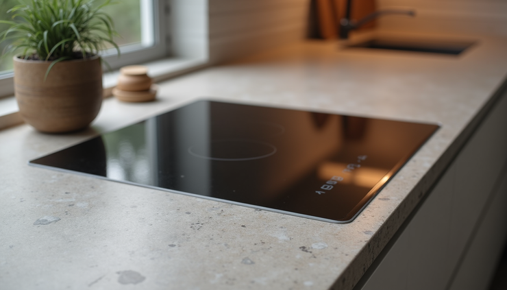 Close-up view of a sleek stone countertop with an invisible induction cooktop seamlessly integrated