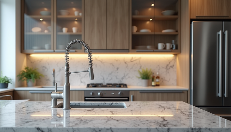High angle view of a kitchen countertop made from a polished stone slab