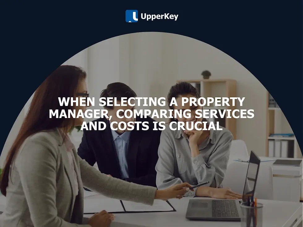 Three people discuss property management options at office desk