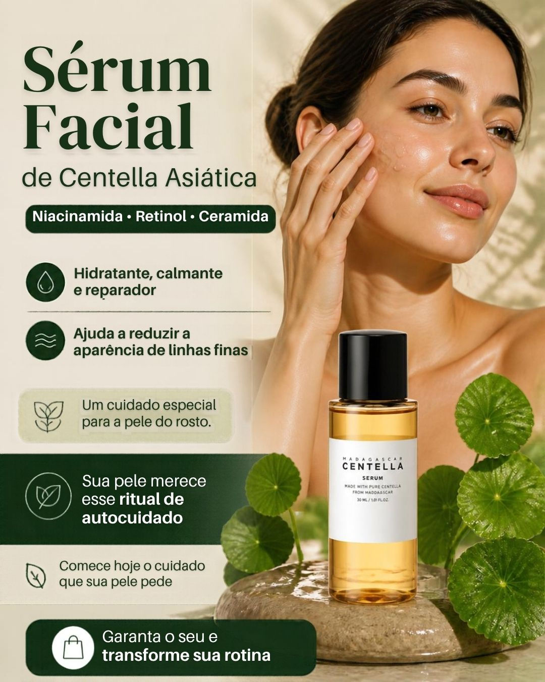 Sérum Facial de Centella Asiática com Niacinamida, Retinol e Ceramida