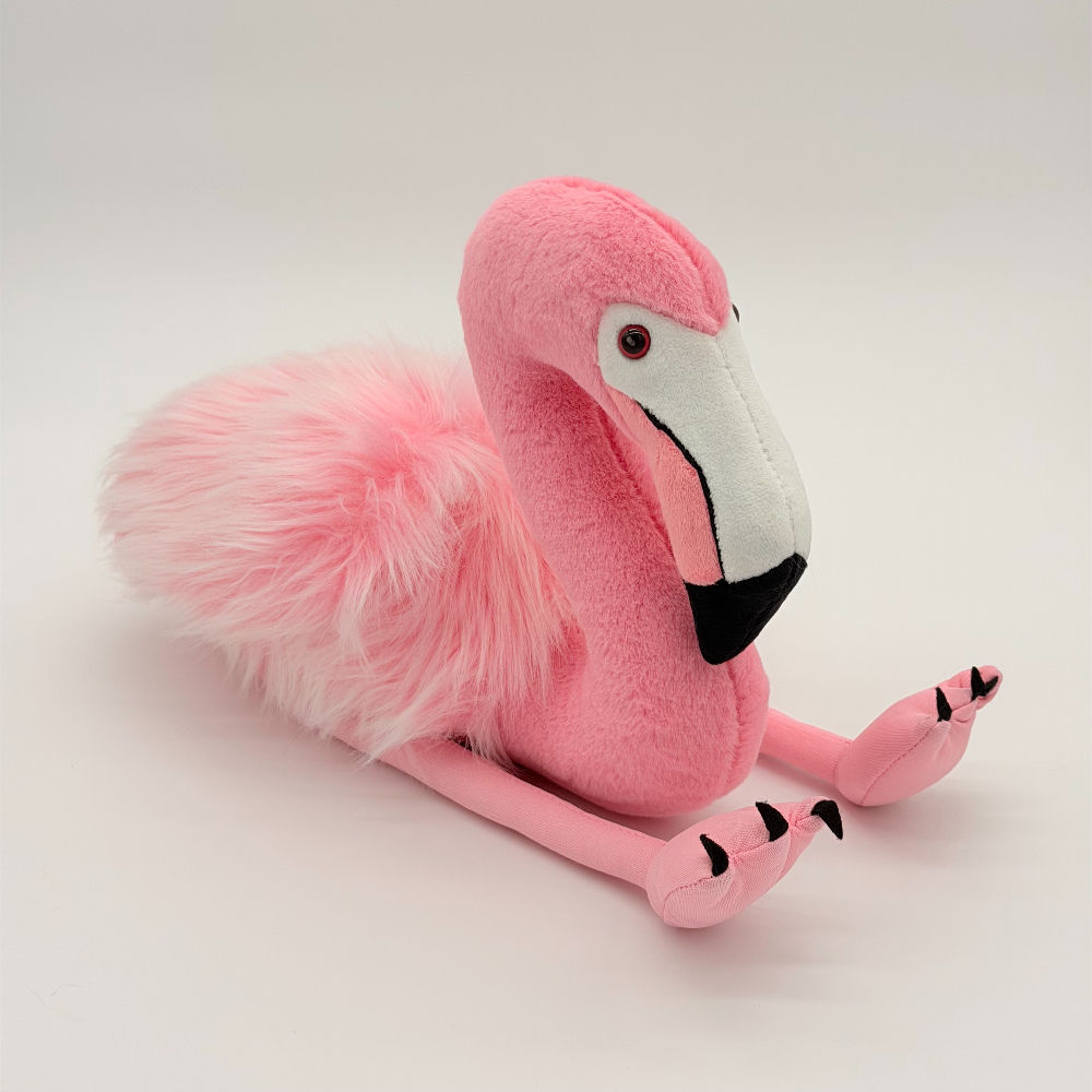Front view Wild Republic 30cm Flamingo plush toy with soft pink fluffy body, long neck and beak with black tip