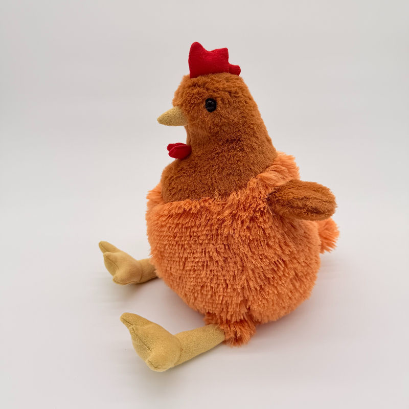 Front view Huggable Toys 25cm Chicken plush toy with soft brown head and wings, orange body, red crest and yellow beak.