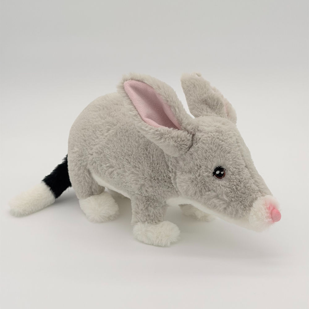Front view Eco buddies 28cm Bilby plush toy with soft gray fur, pink inner ears and nose, black tail with white tip