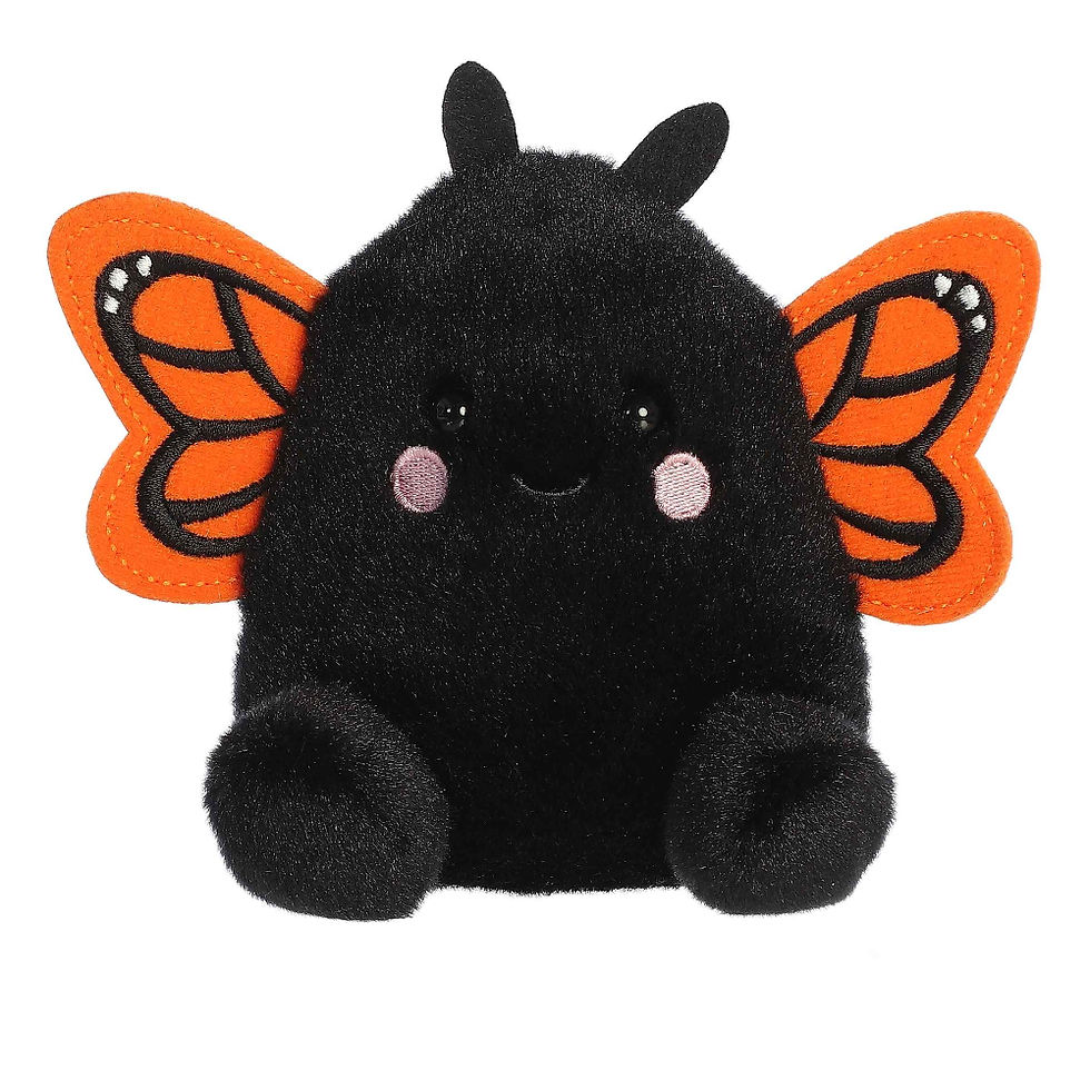 Front view Palm Pals 13cm Reyna the Monarch Butterfly with black body, with in orange and black and pink cheeks