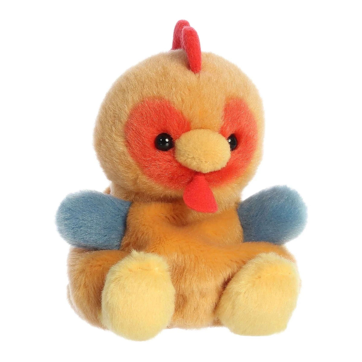 Front view Palm Pals 13cm Red the Rooster plush toy. Soft light brown body, red crest, yellow beak and feet, blue wings