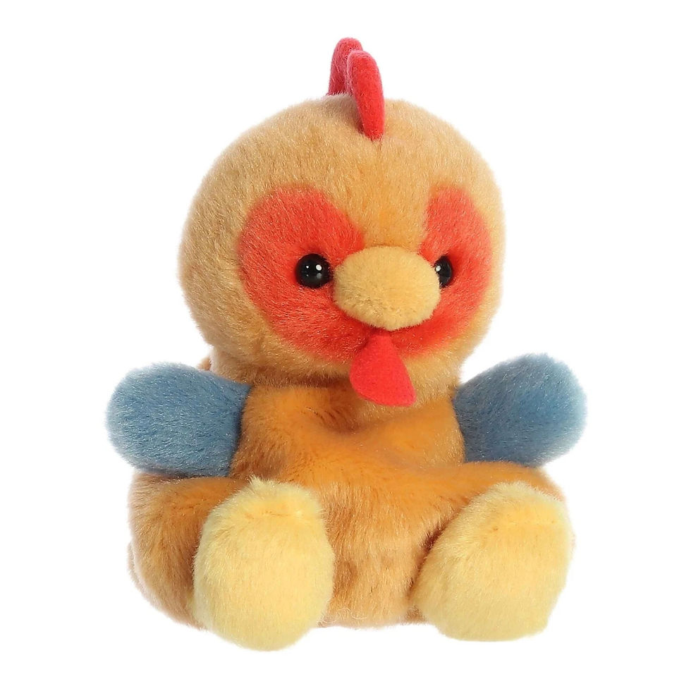 Front view Palm Pals 13cm Red the Rooster plush toy. Soft light brown body, red crest, yellow beak and feet, blue wings