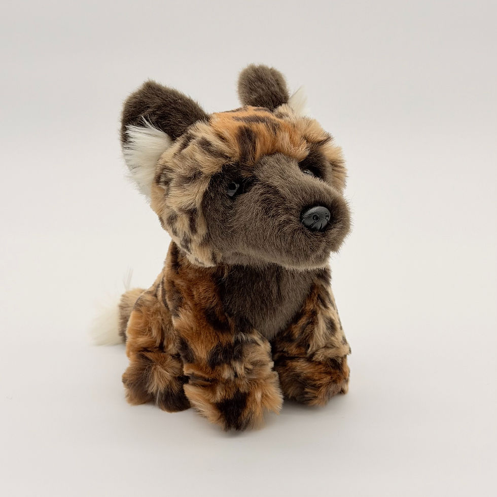 Front view Lil Friends African Wild Dog plush with soft brown mottled coat, large round ears and dark eyes