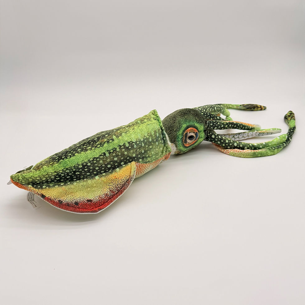 Back view Huggable Toys 80cm Cuttlefish plush toy with soft green mottled fabric, eight arms and two larger tentacles.
