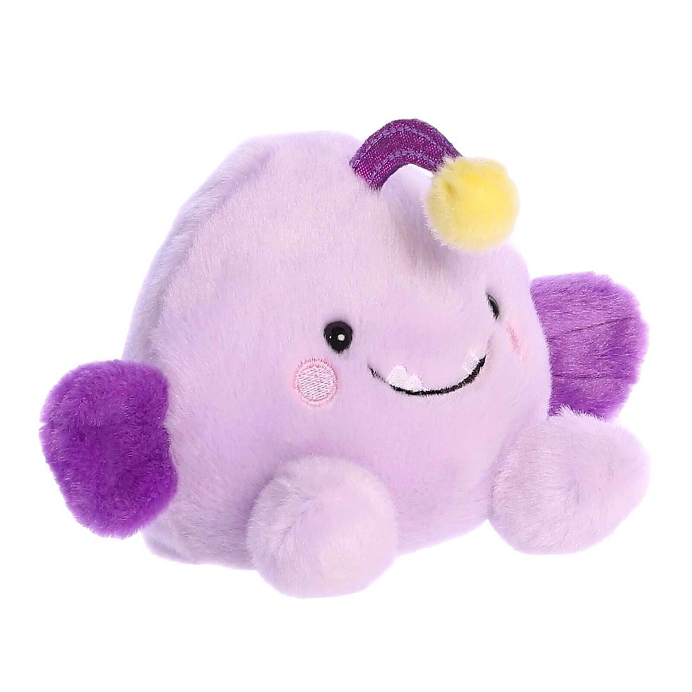 Front view Palm Pals 13cm Blinky Angler Fish plush toy. Fur is soft light purple body purple fins and antenna, yellow pom pom