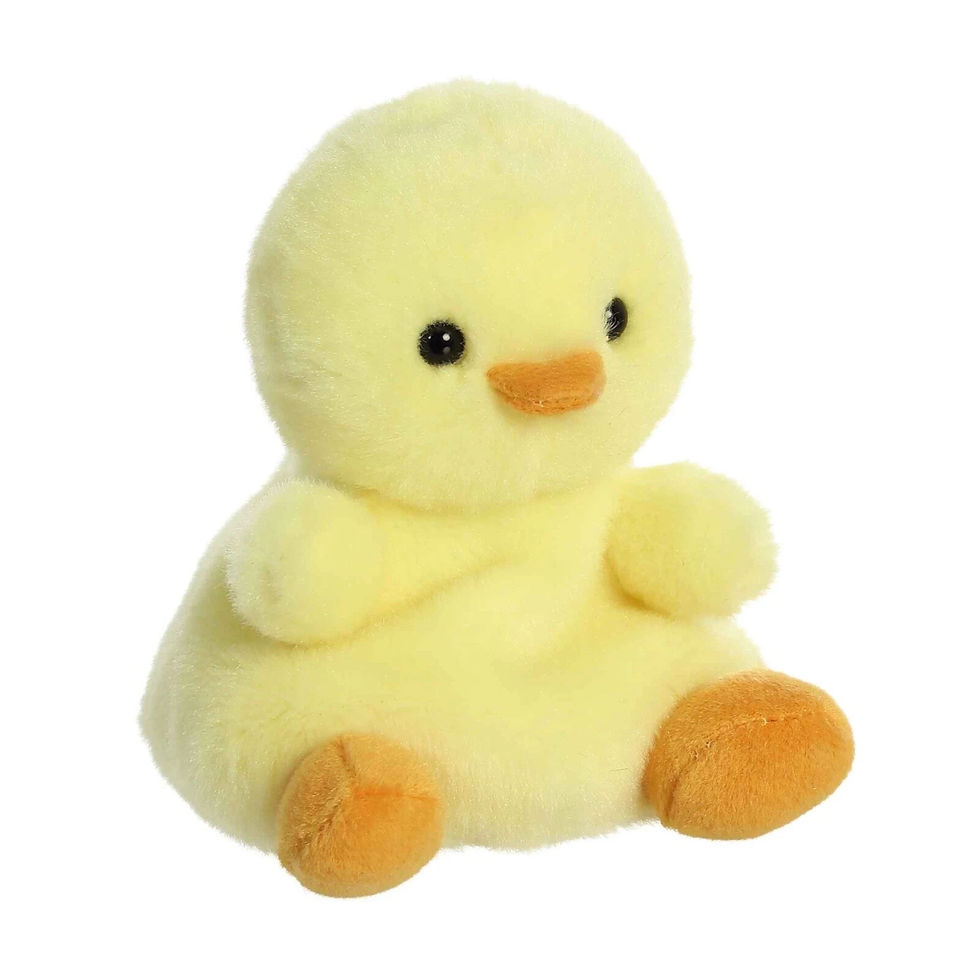 Front view Palm Pals 13cm Betsy the chick plush toy. Features soft yellow fur with orange beak and feet.