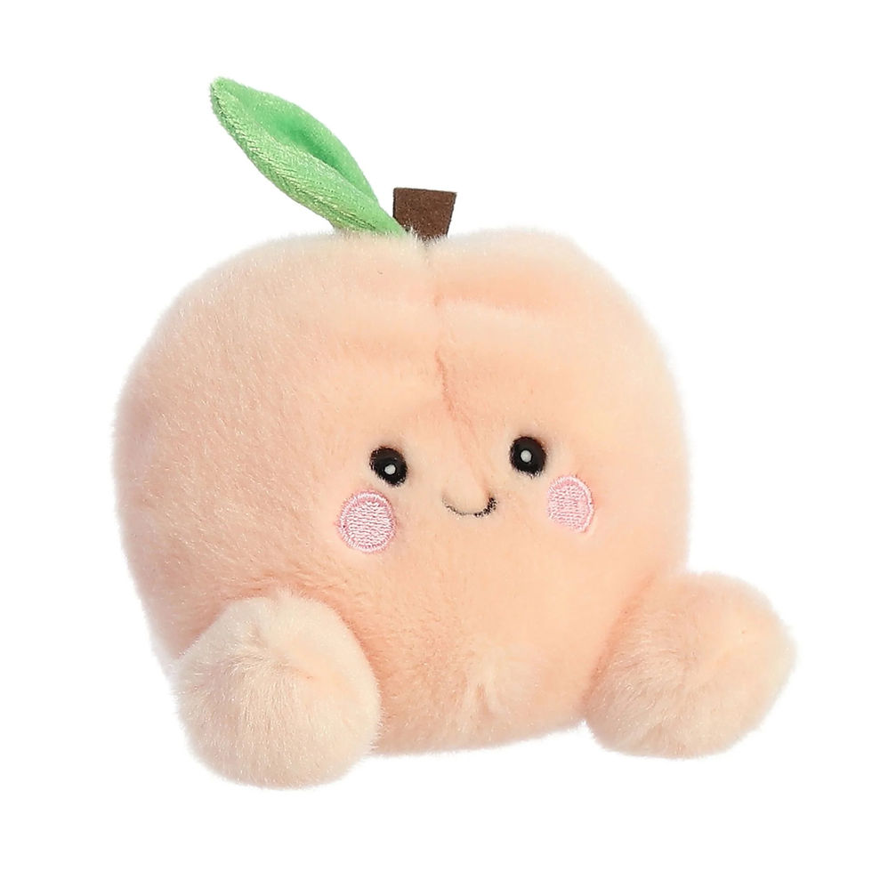 Front view Palm Pals 13cm Mellow the Peach plush toy features soft peach coloured fur, pink cheeks and green leaf on top.