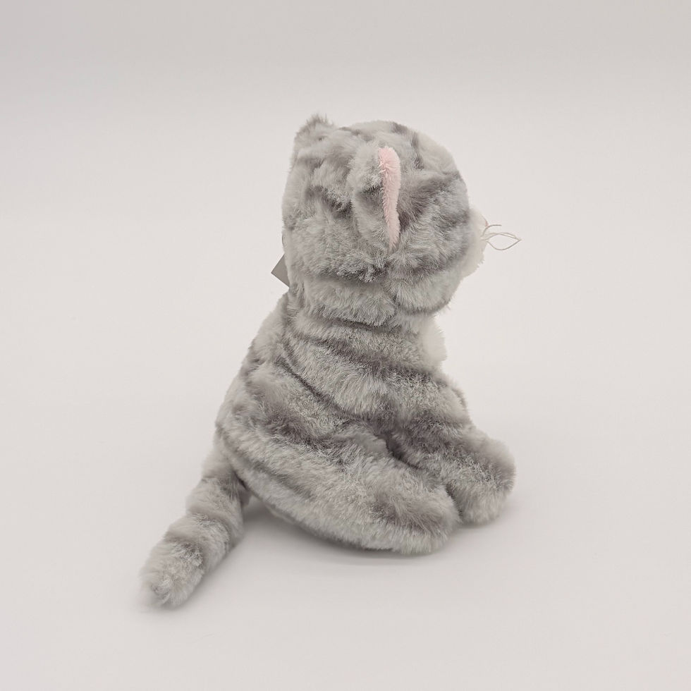 Back view Huggable Toys 16cm Gray Tabby Cat with soft gray fur with dark stripes, white belly, pink nose and blue eyes.