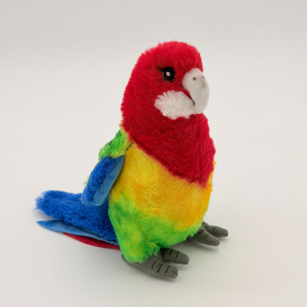 Front view Eco Buddies 20cm Rosella plush toy with soft red fur for head, yellow breast, green back and blue tail
