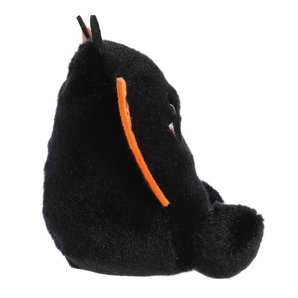 Side view Palm Pals 13cm Reyna the Monarch Butterfly with black body, with in orange and black and pink cheeks