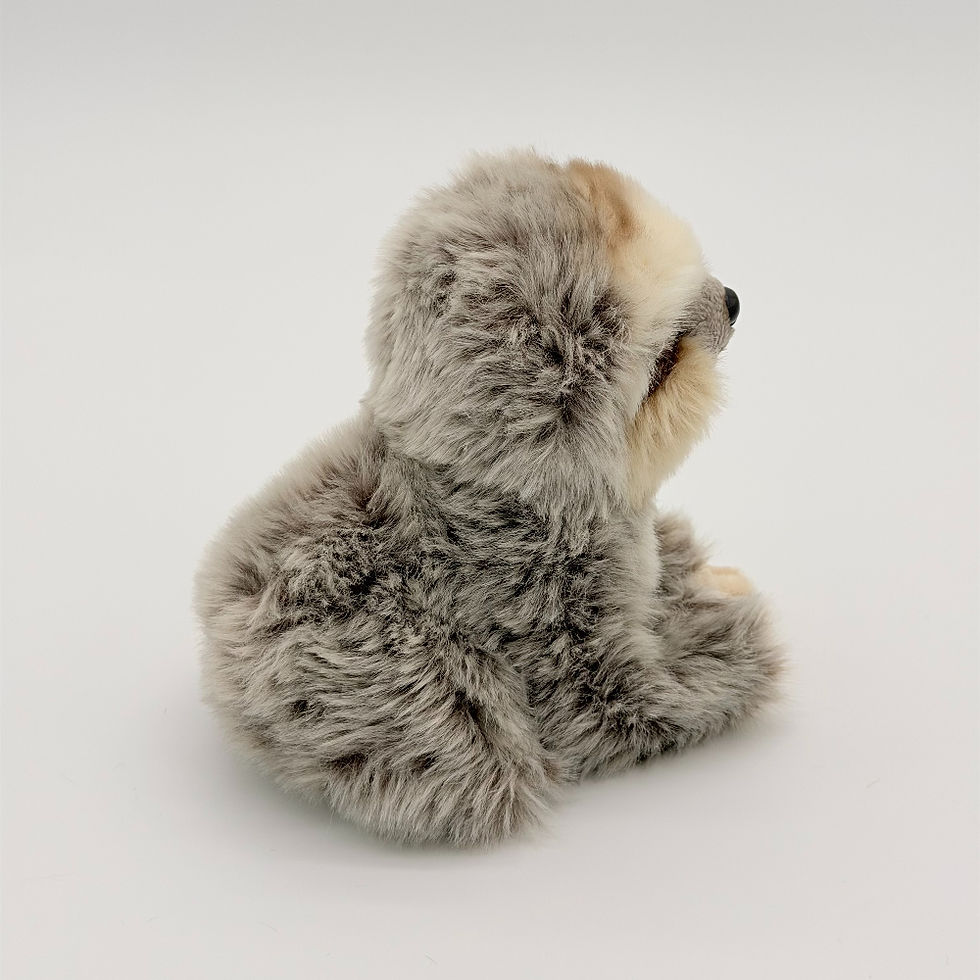 Back view Lil Friends 18cm Sloth plush toy with two tone gray fur, light face, brown patch on eyes and light color hands