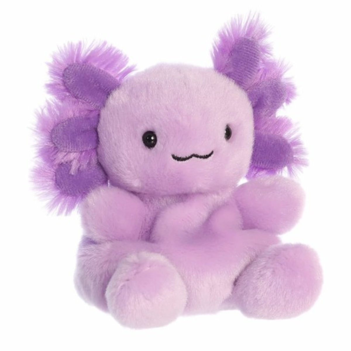 Front view Palm Pals 13cm Xavier Axolotl plush toy. Features soft light purple body with fluffy purple gills