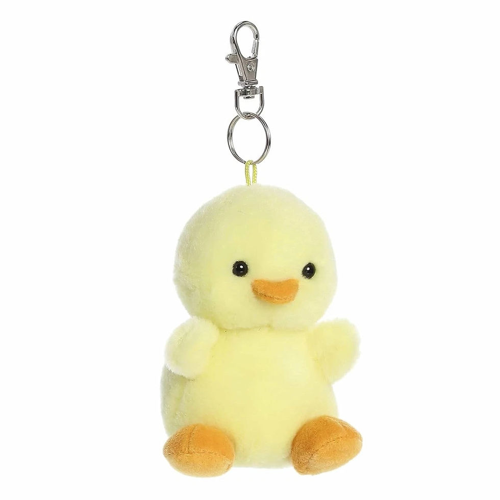 Front view Palm Pals Betsy the chick 10cm plush keychain. Features soft yellow fur with darker yellow beak and feet