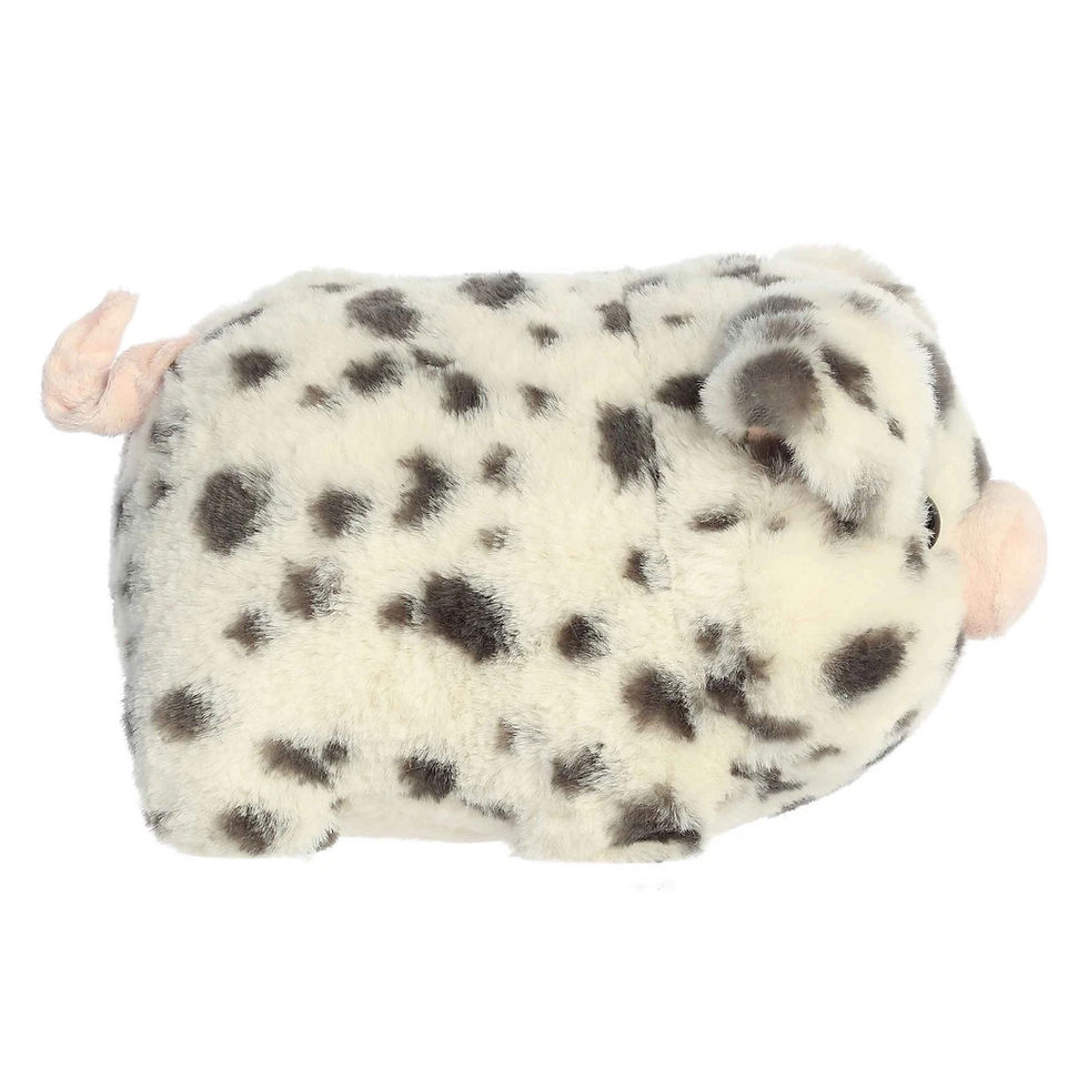 Thumbnail: Side view Aurora Spudsters 25cm Pierre Spotted Pig plush toy. Soft white fur black spots, pink nose and rounded potato body.