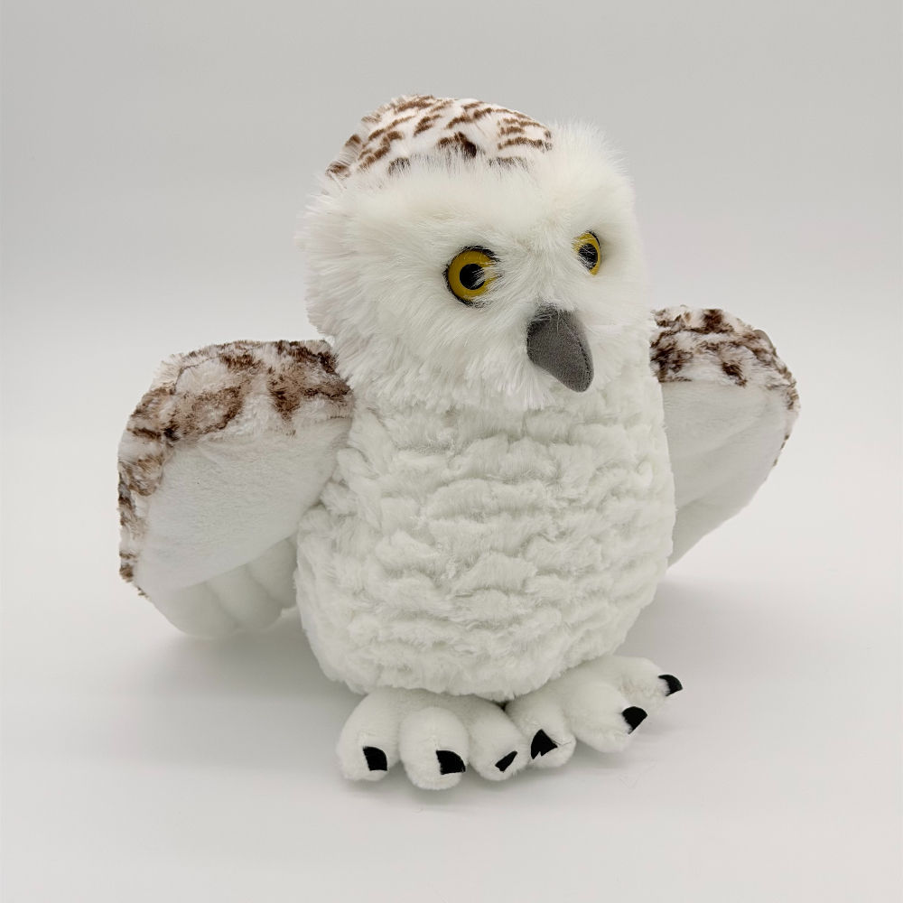 Front view Wild Republic 30cm Snowy Owl plush toy featuring soft white under wings and belly, brown and white mottled back