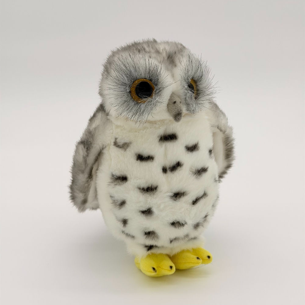 Front view Dinki Di 20cm Powerful Owl plush toy with soft gray and white fur, large eyes, black spotted chest and yellow feet