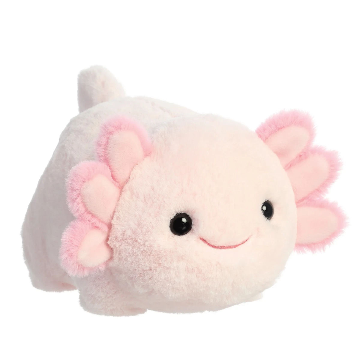 Front view Aurora Spudsters 25cm Axel Axolotl plush toy. Soft pink fur, darker pink fluffy gills , rounded potato shape body.