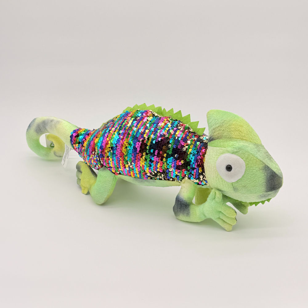 Front view Huggable Toys 48cm Chameleon plush toy with soft mottled green yellow fabric for legs head and tail, sequined body