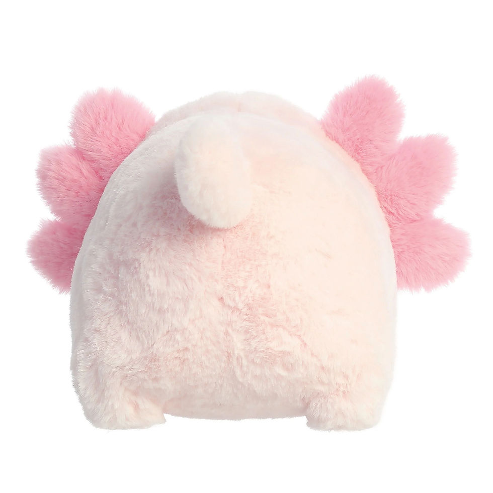 Thumbnail: Back view Aurora Spudsters 25cm Axel Axolotl plush toy. Soft pink fur, darker pink fluffy gills , rounded potato shape body.