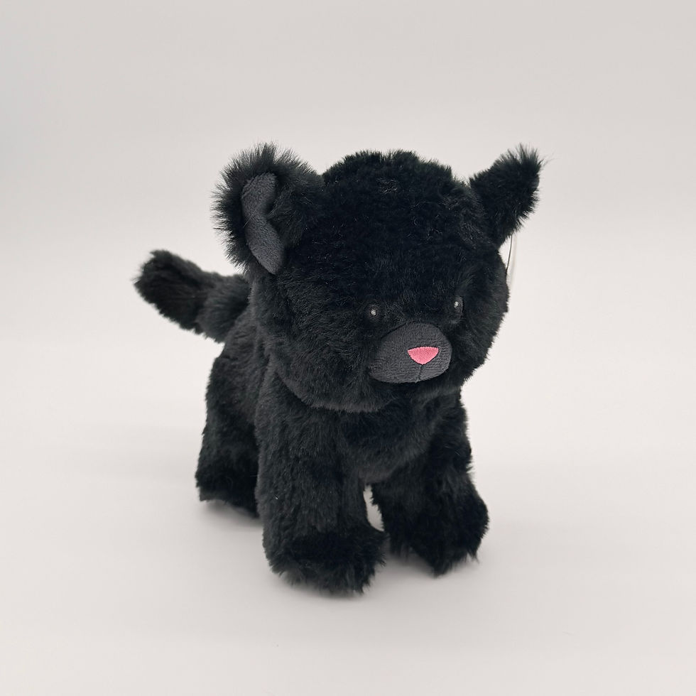Front view Huggable Toys 20cm Black Cat plush toy with soft black fur, pink nose and gray inner ear and muzzle