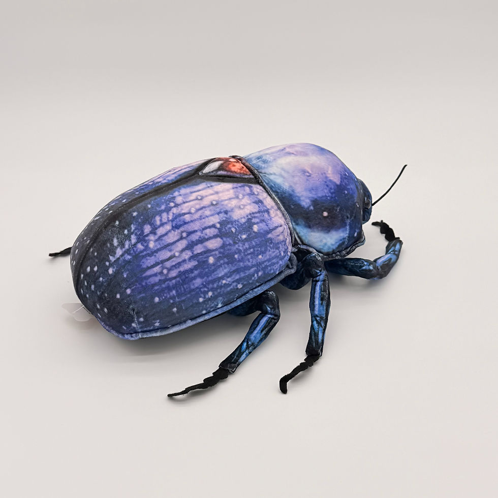Back view Huggable Toys 28cm Scarab Beetle plush toy with soft blue mottled fabric, back red spot, six legs and two antennae