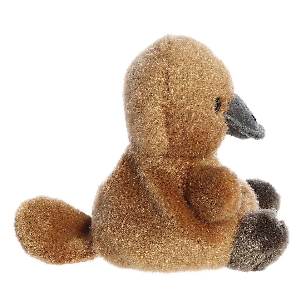 Side view Palm Pals Patty the Platypus plush toy. Features soft brown fur for head and body with gray bill and feet.