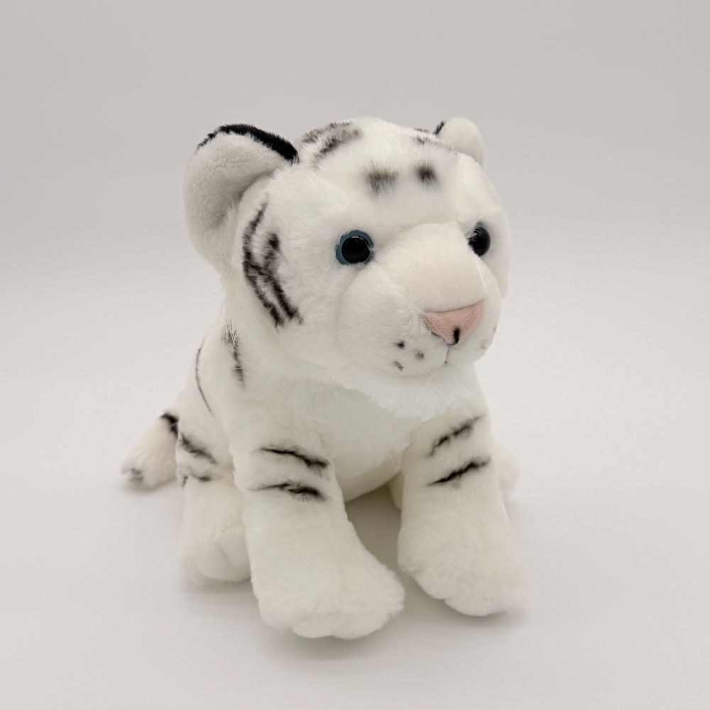 Front view Wild Republic White Tiger plush toy with soft white fur and black stripes and cute pink nose.