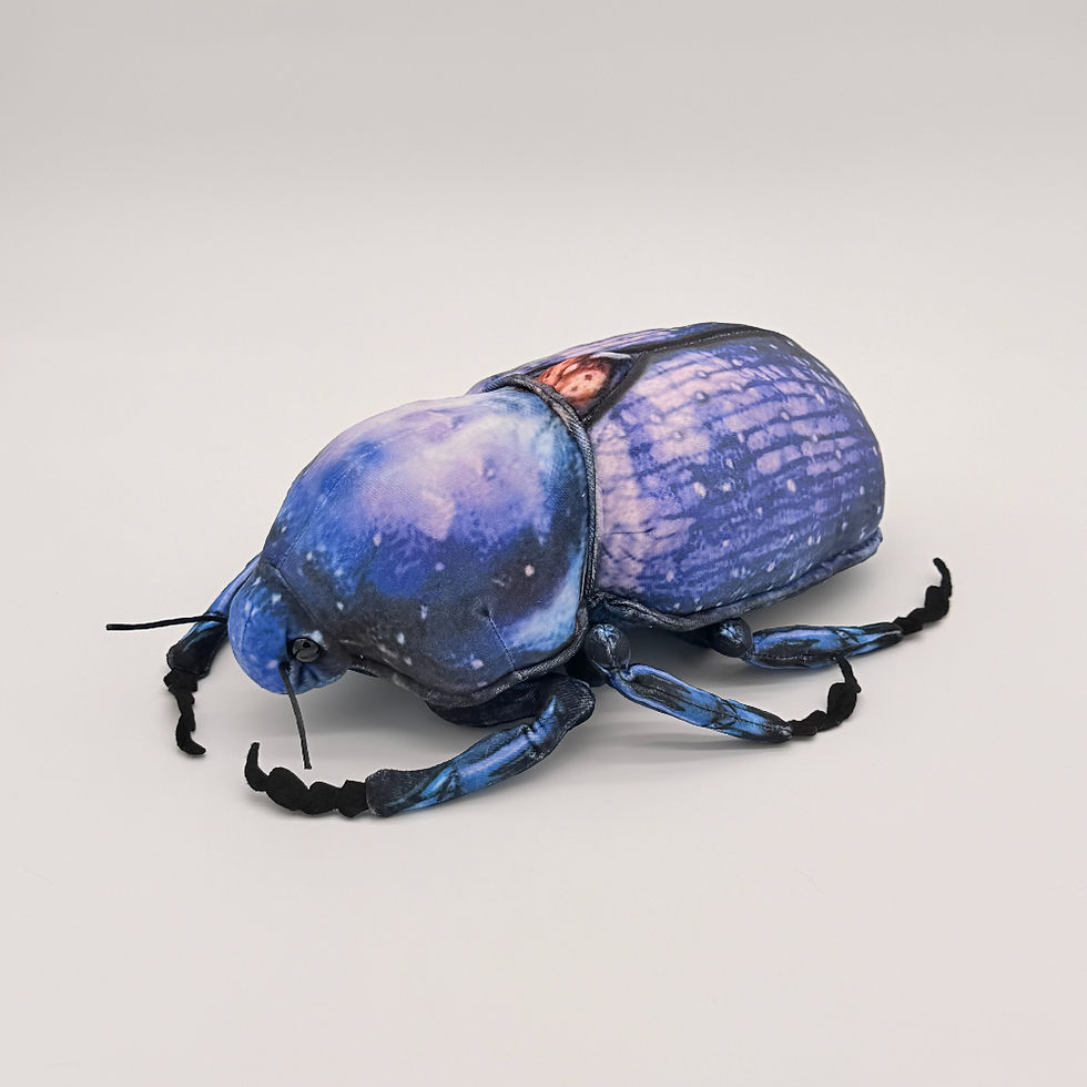 Front view Huggable Toys 28cm Scarab Beetle plush toy with soft blue mottled fabric, back red spot, six legs and two antennae