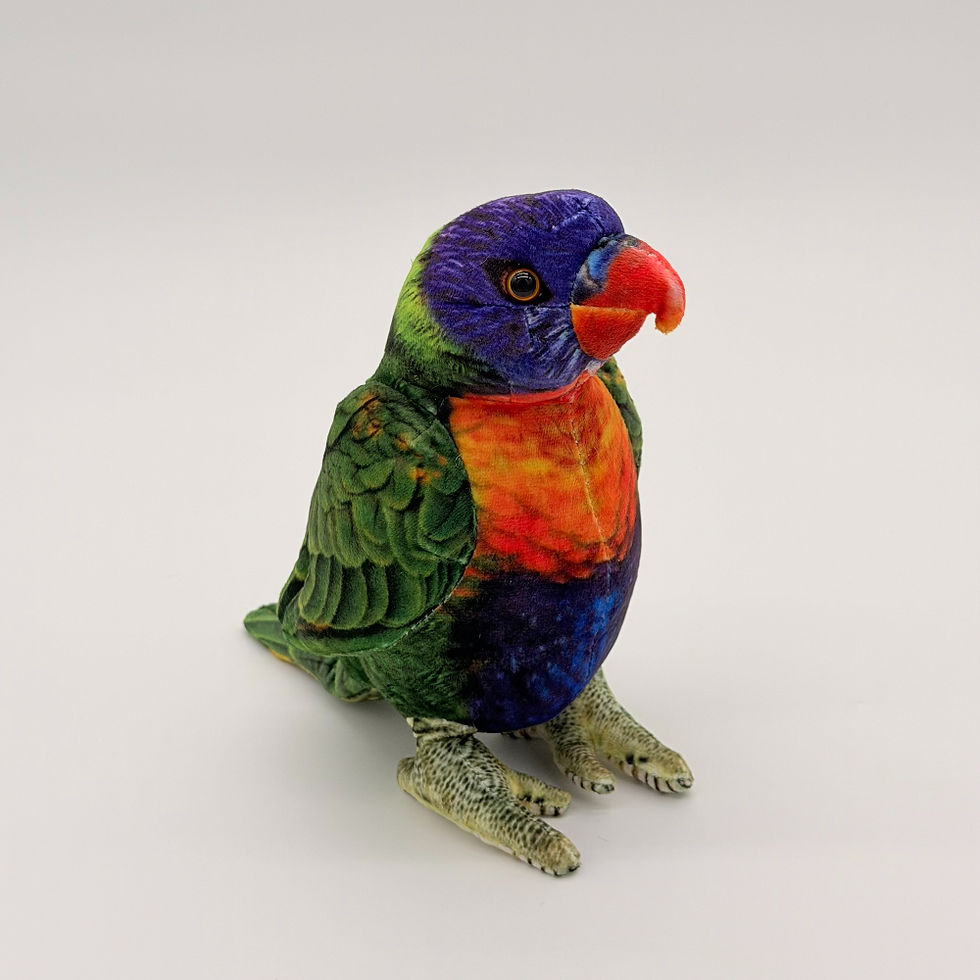 Front view Huggable Toys 20cm Lorikeet plush toy with soft bright colored blue green orange yellow fabric, curved orange beak