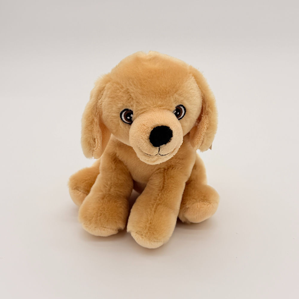 Front view Huggable Toys 16cm Labrador plush toy with soft light brown fur, beige muzzle, black nose and floppy earsand