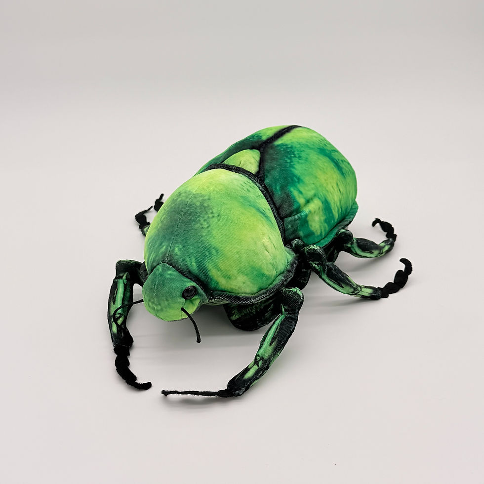 Front view Huggable Toys 28cm Green Scarab Beetle plush toy with soft green mottled fabric, six green black legs, two antenna