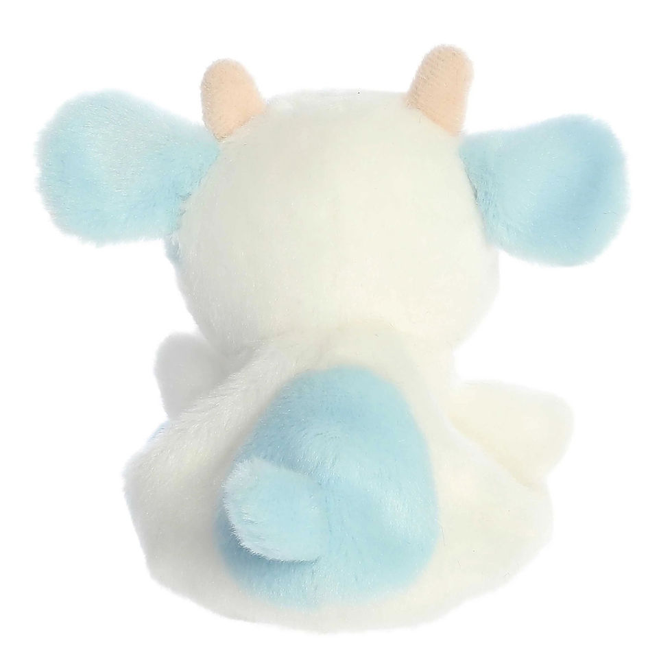 Thumbnail: Back view Palm Pals 13cm blueberry cow with soft white fur, light blue spots, tiny horns, and a sweet, peach-colored nose.
