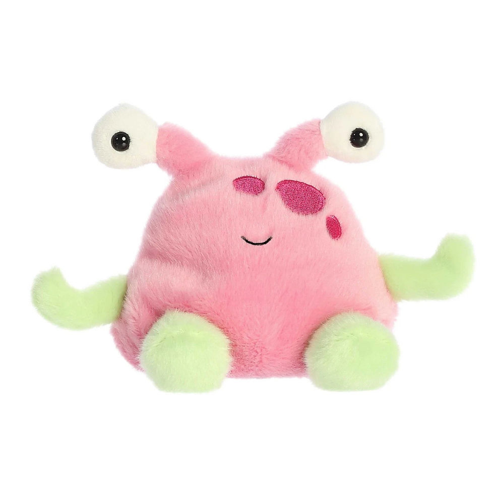 Front view Palm Pals 13cm Silly the alien plush toy with a rosy pink body, lime green arms and legs, wobbly white eyes on top
