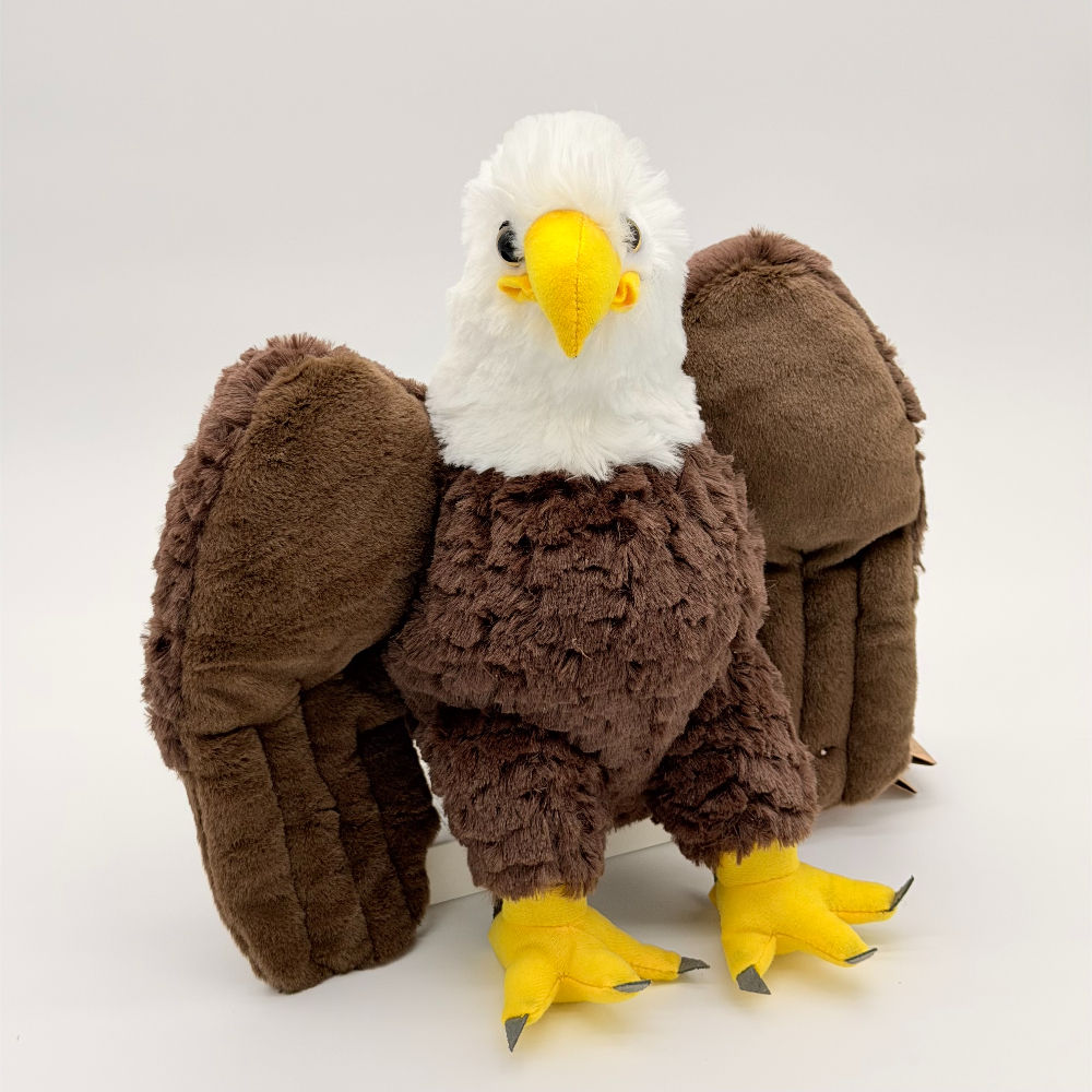 Front view Wild Republic 30cm Bald Eagle plush toy with soft white head and tail, brown body and wings, yellow beak and feet