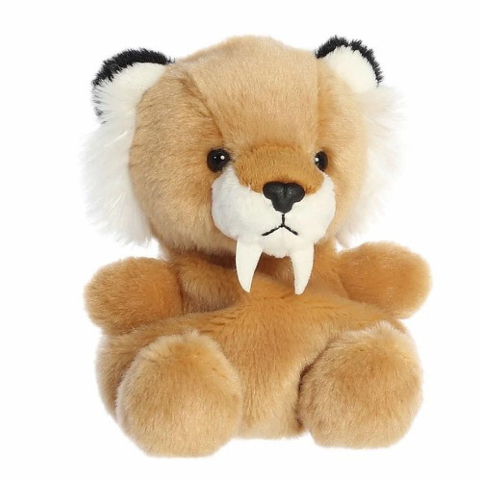 Front view Palm Pals 13cm ash the saber tooth tiger plush toy. Soft brown fur with white tuffs in ears and white fangs