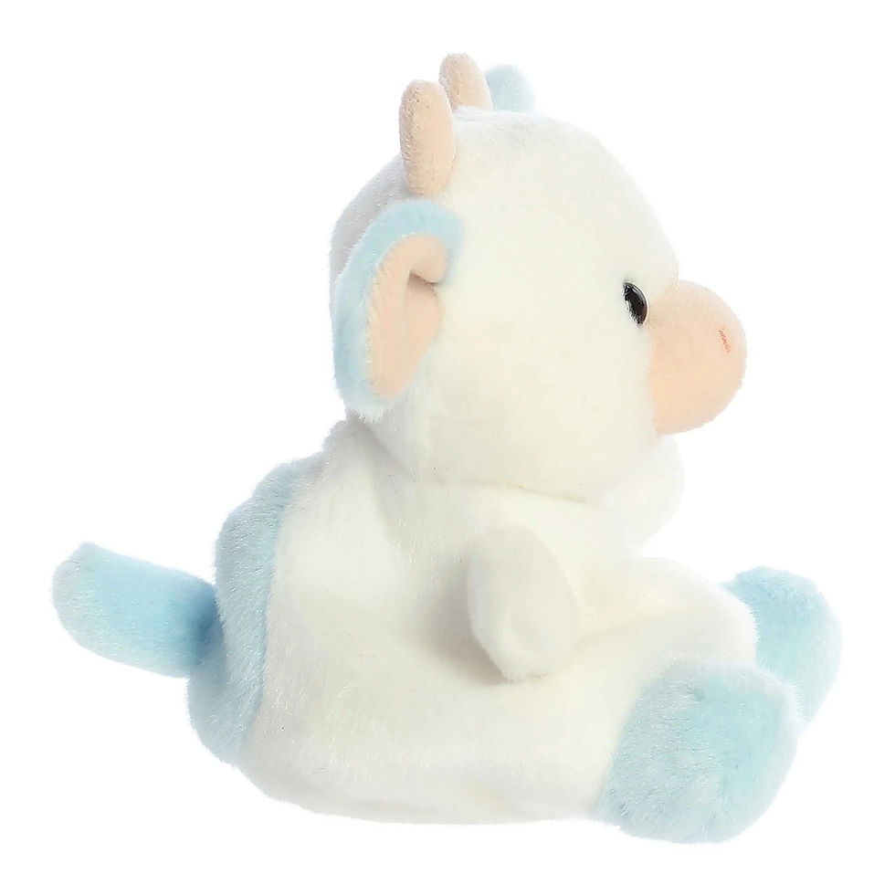 Side view Palm Pals 13cm blueberry cow with soft white fur, light blue spots, tiny horns, and a sweet, peach-colored nose.