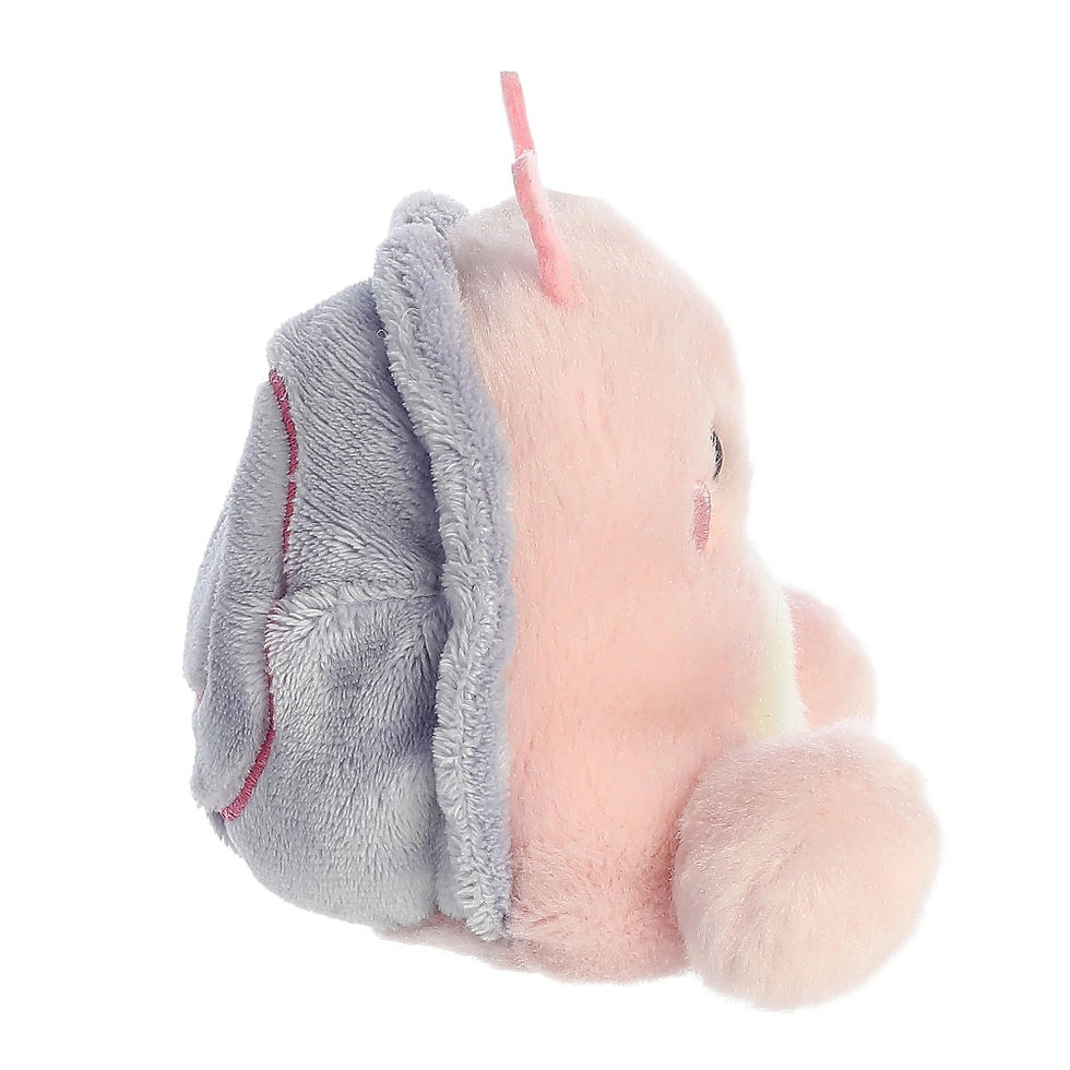 Side view Palm Pals 11cm Shelby the Snail plush toy. Features pink and gray shell, pink body, white belly and pin antennae