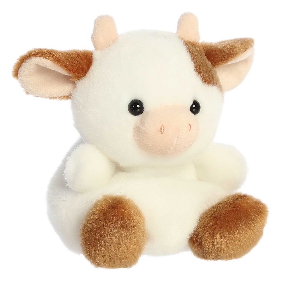 Front view Palm Pals 13cm Caroline the Brown Cow plush toy. Features soft white fur with brown patches and ears, pink nose