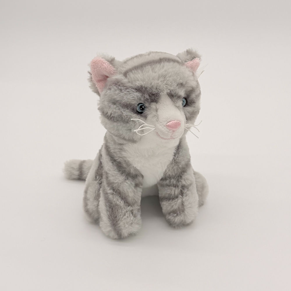Front view Huggable Toys 16cm Gray Tabby Cat with soft gray fur with dark stripes, white belly, pink nose and blue eyes.