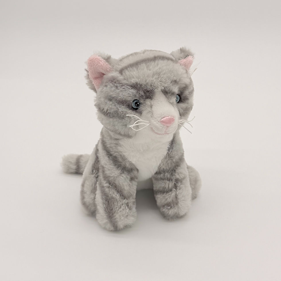 Front view Huggable Toys 16cm Gray Tabby Cat with soft gray fur with dark stripes, white belly, pink nose and blue eyes.
