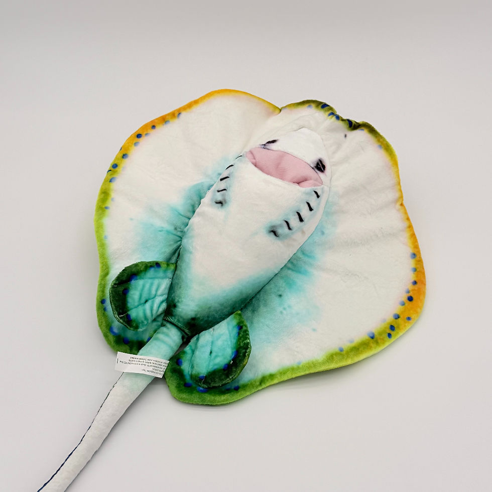 Back view Huggable Toys 33cm Blue Spotted Stingray plush toy with a soft velour body, bright yellow-green and blue spots.