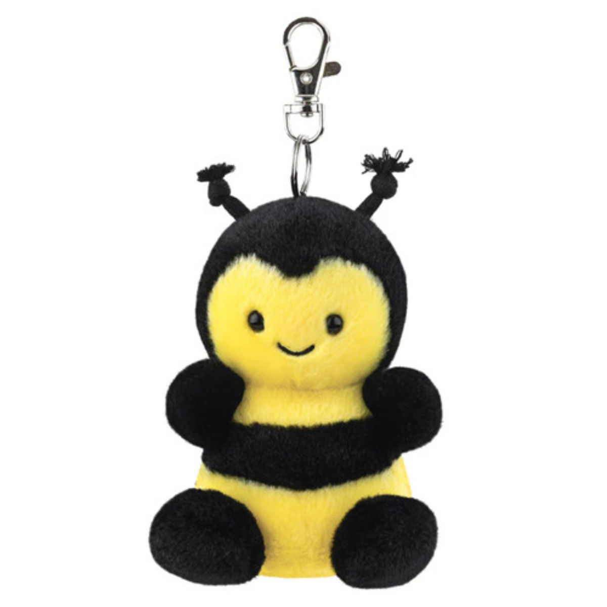 Front view Palm Pals Queeny bee plush keychain. Soft yellow and black striped body, cute white wings and black antennae