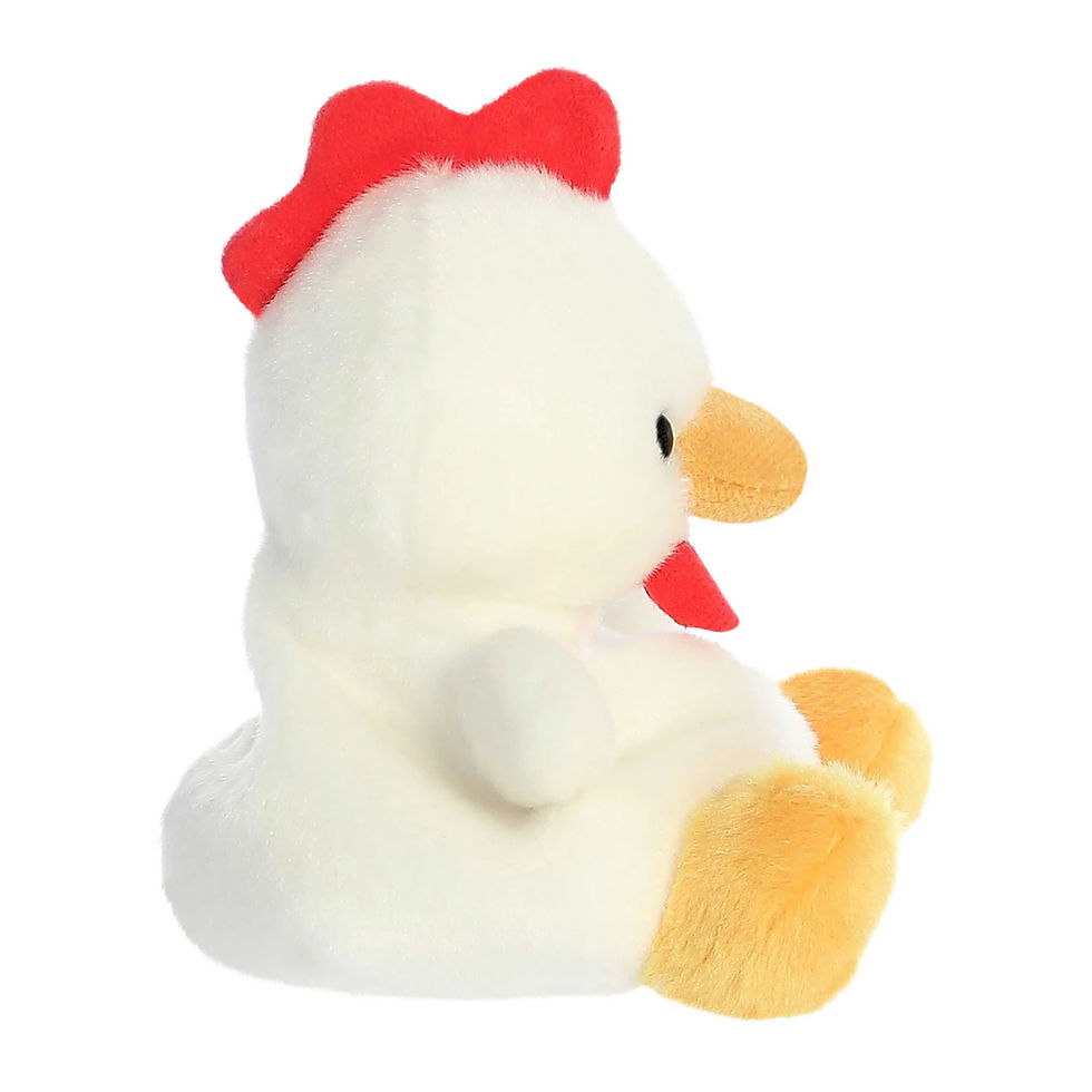 Side view Palm Pals 13cm Cooper the chicken plush toy with soft white fur, yellow feet and beak and red comb on his head